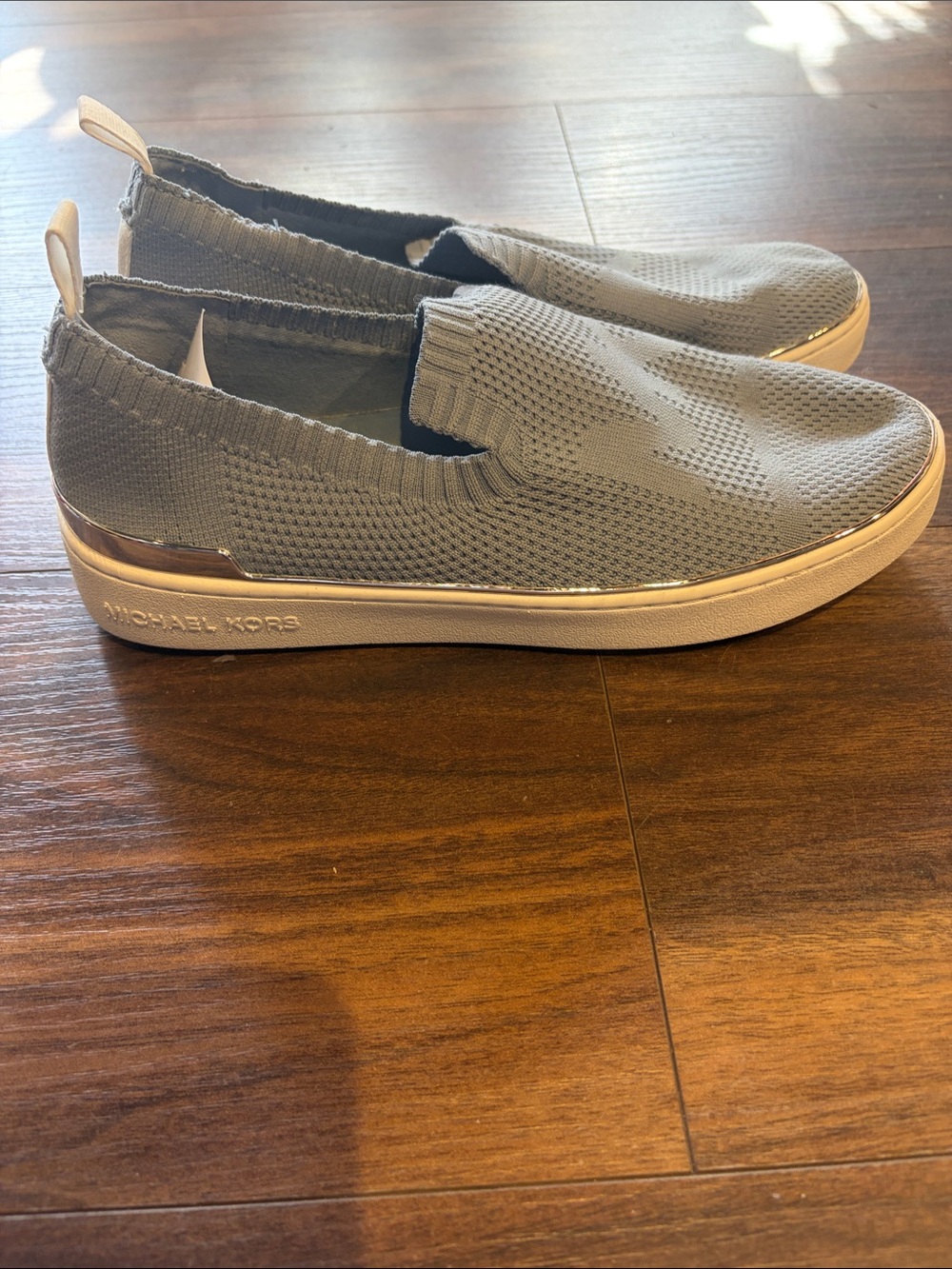 Michael Kors Light Gray Knit Slip-On Sneakers with Gold Trim